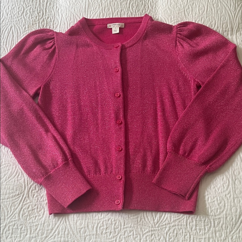 Crewcuts Pink Shimmer Cardigan with Puff Sleeves, Size Large (10-11)